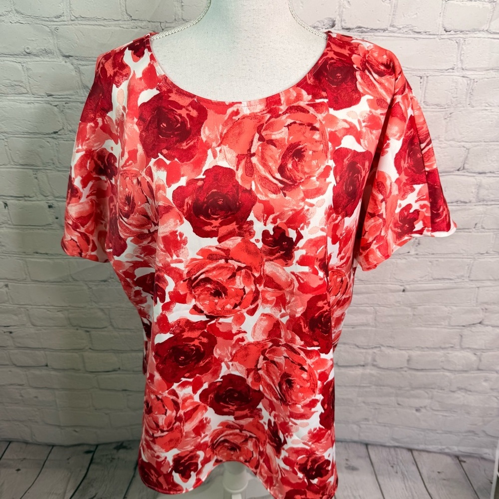 ANNE KLEIN Big Floral Scarlet Coral Blouse Top XL NWT